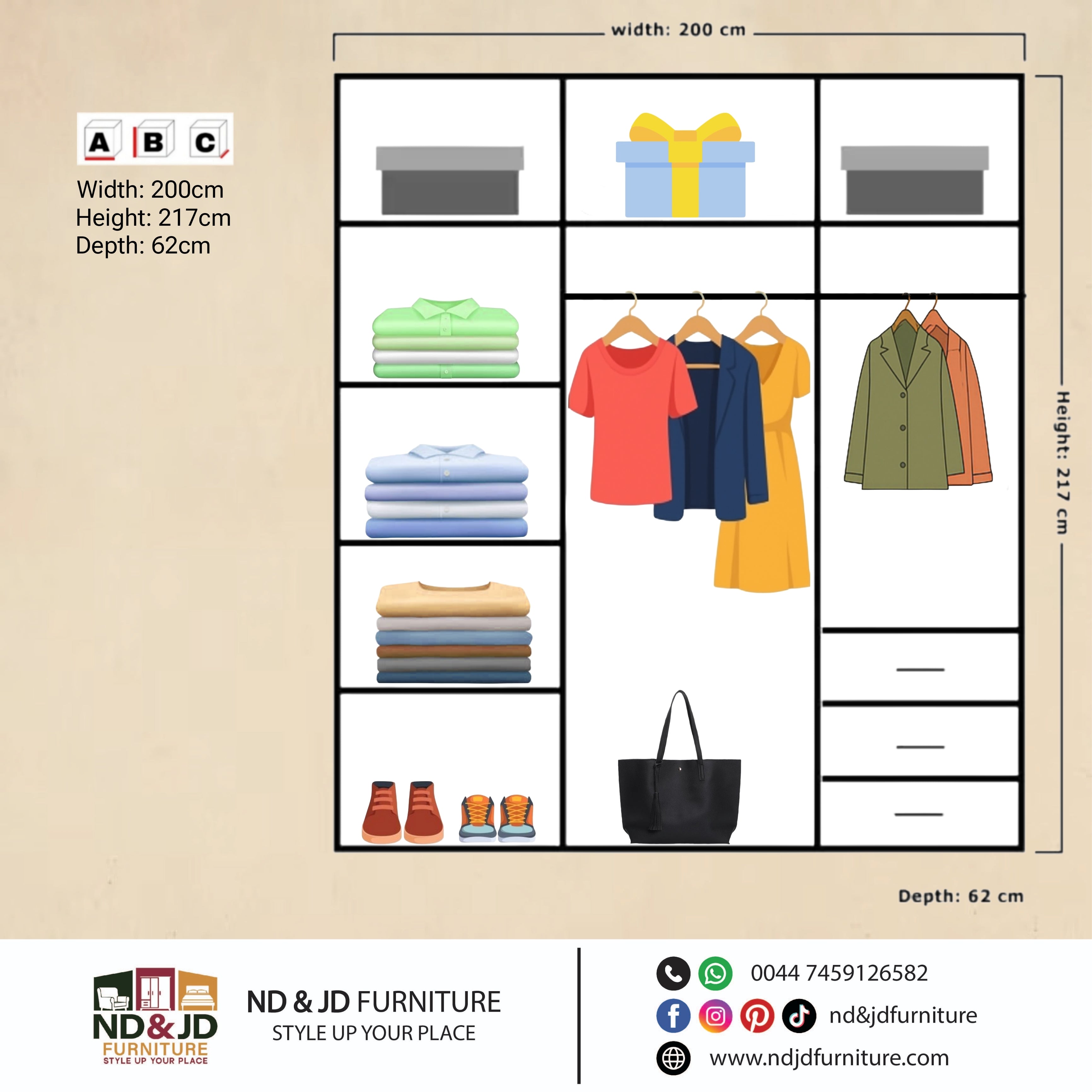 Florence 2 Doors With Inside Drawers Sliding Wardrobe