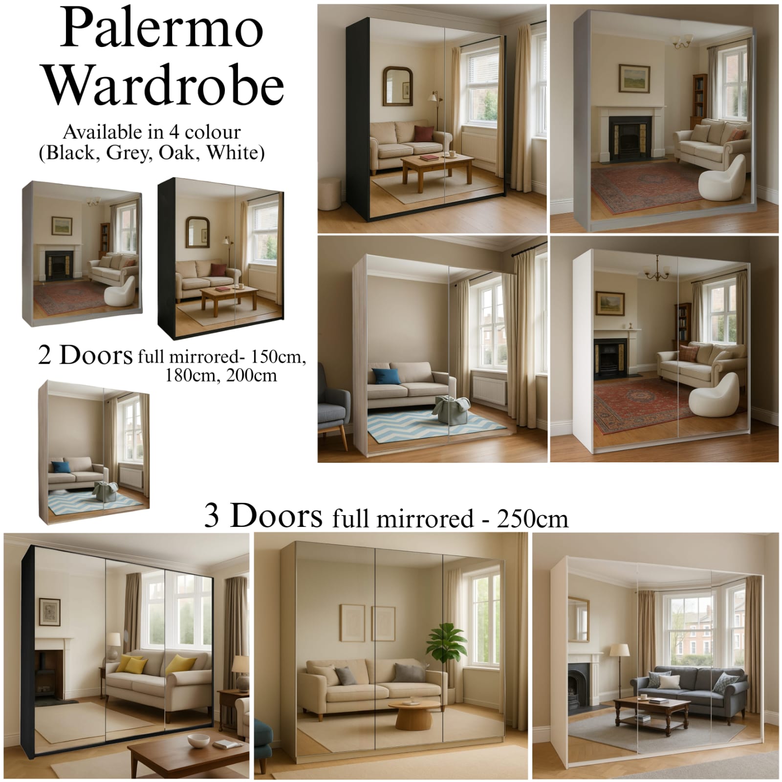 Palermo 2 & 3 Doors Full Mirror Sliding Wardrobe