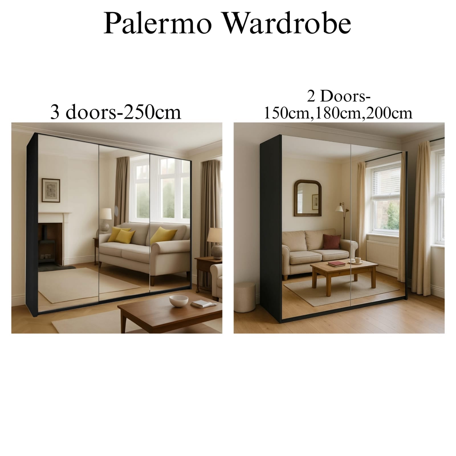 Palermo 2 & 3 Doors Full Mirror Sliding Wardrobe