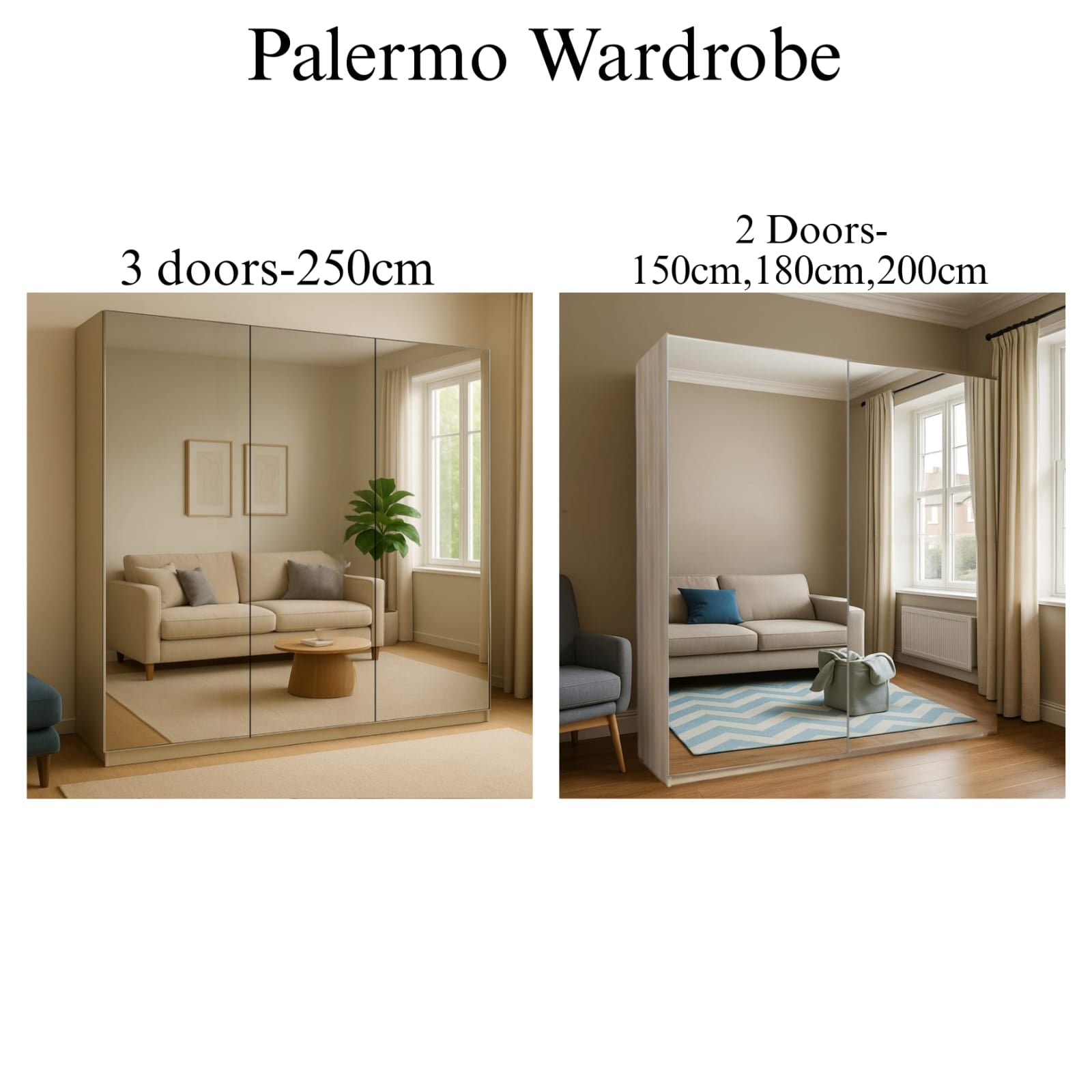 Palermo 2 & 3 Doors Full Mirror Sliding Wardrobe
