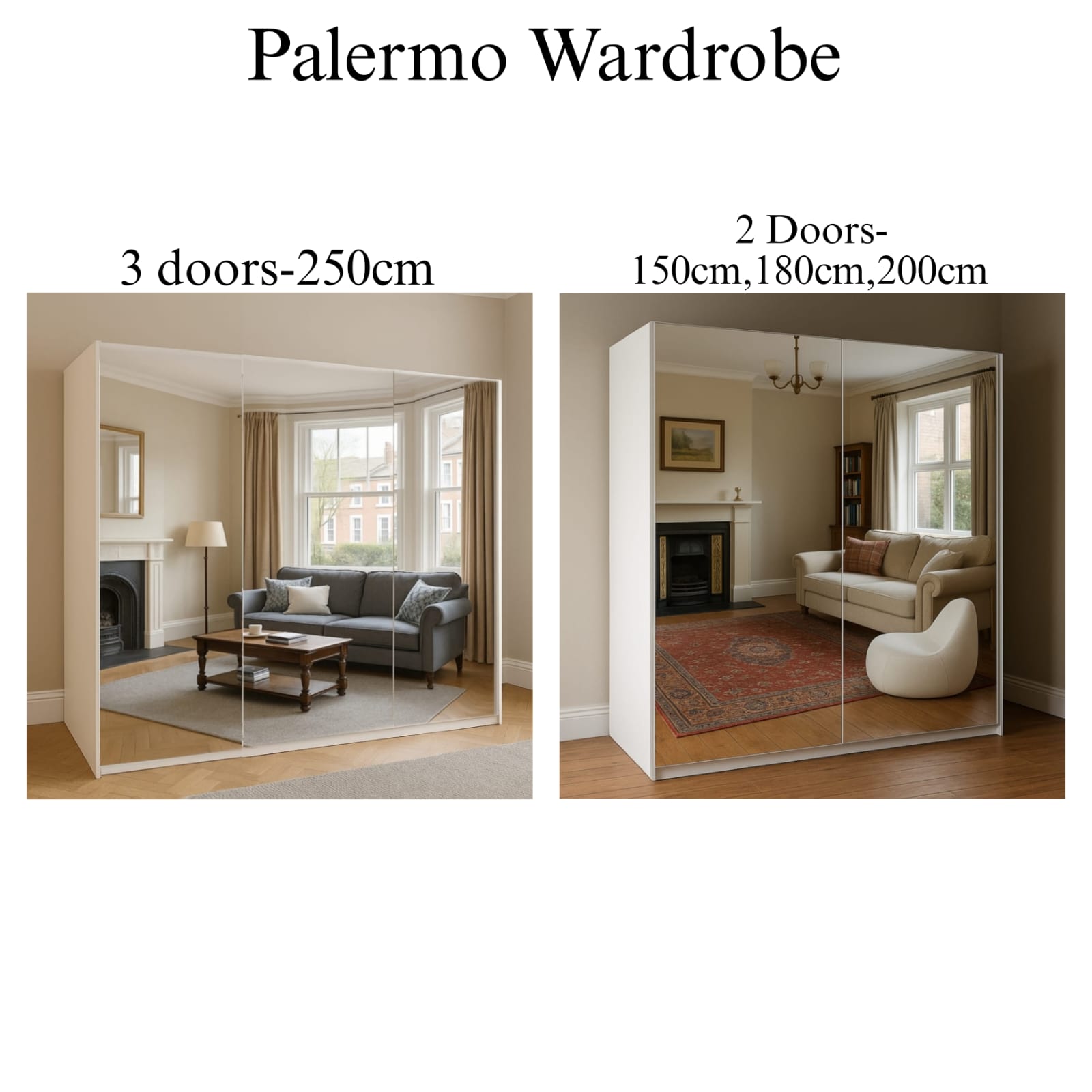Palermo 2 & 3 Doors Full Mirror Sliding Wardrobe
